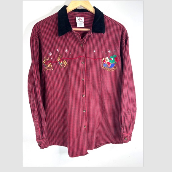 Vintage 90s Christmas Plaid Embroidered Shirt L Velvet Collar Santa Bear Holiday - Picture 10 of 10